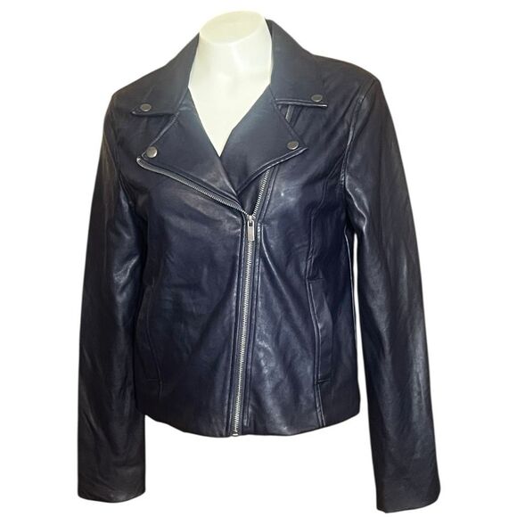 Popsugar Blue Faux Leather Biker Motorcycle Zip Up Jacket S - Picture 5 of 10